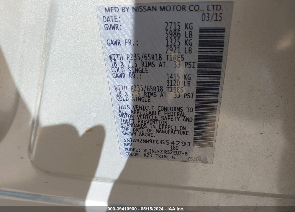 2015 NISSAN PATHFINDER PLATINUM/S/SL/SV VIN: 5N1AR2MM9FC654291