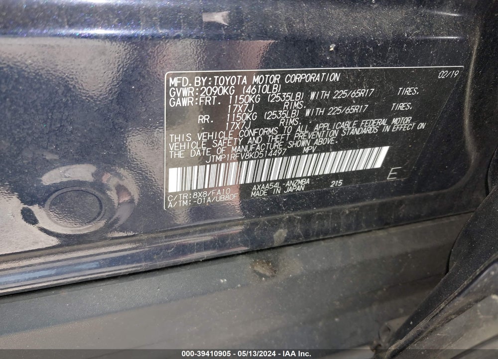 2019 TOYOTA RAV4 XLE VIN: JTMP1RFV8KD514497
