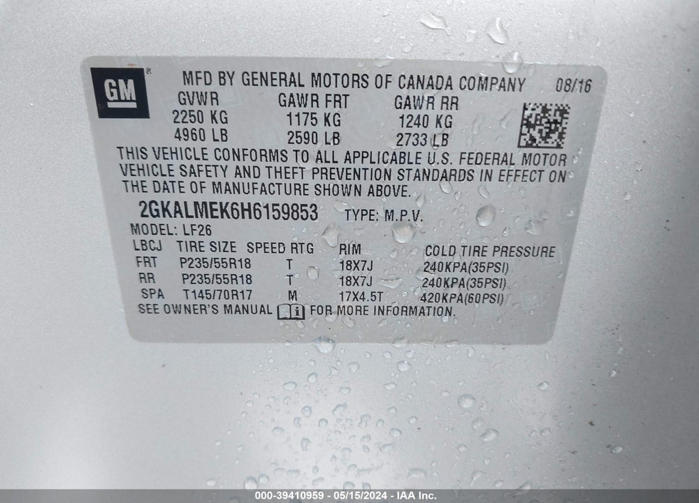 2017 GMC TERRAIN SLE-1 VIN: 2GKALMEK6H6159853