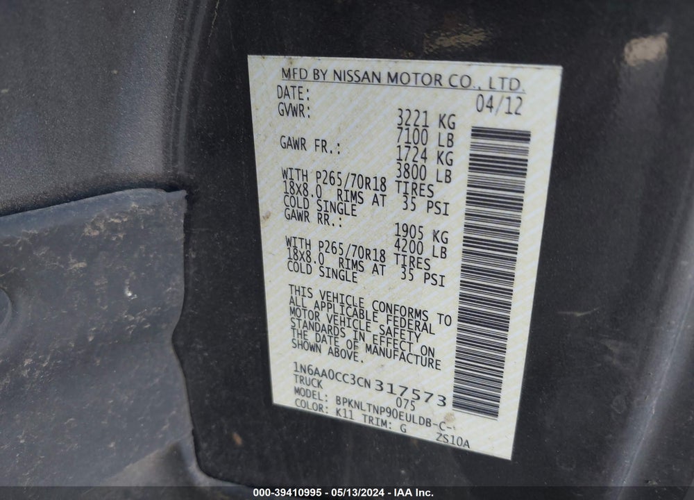 2012 NISSAN TITAN SV VIN: 1N6AA0CC3CN317573