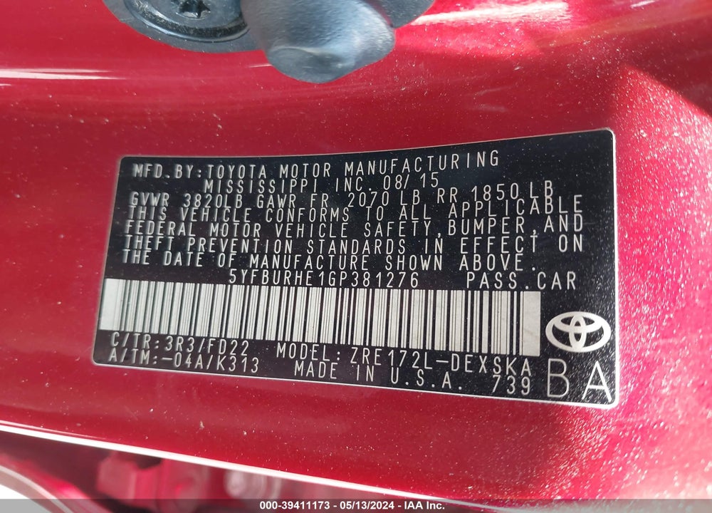 2016 TOYOTA COROLLA S PLUS VIN: 5YFBURHE1GP381276