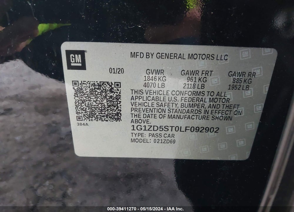 2020 CHEVROLET MALIBU FWD LT VIN: 1G1ZD5ST0LF092902