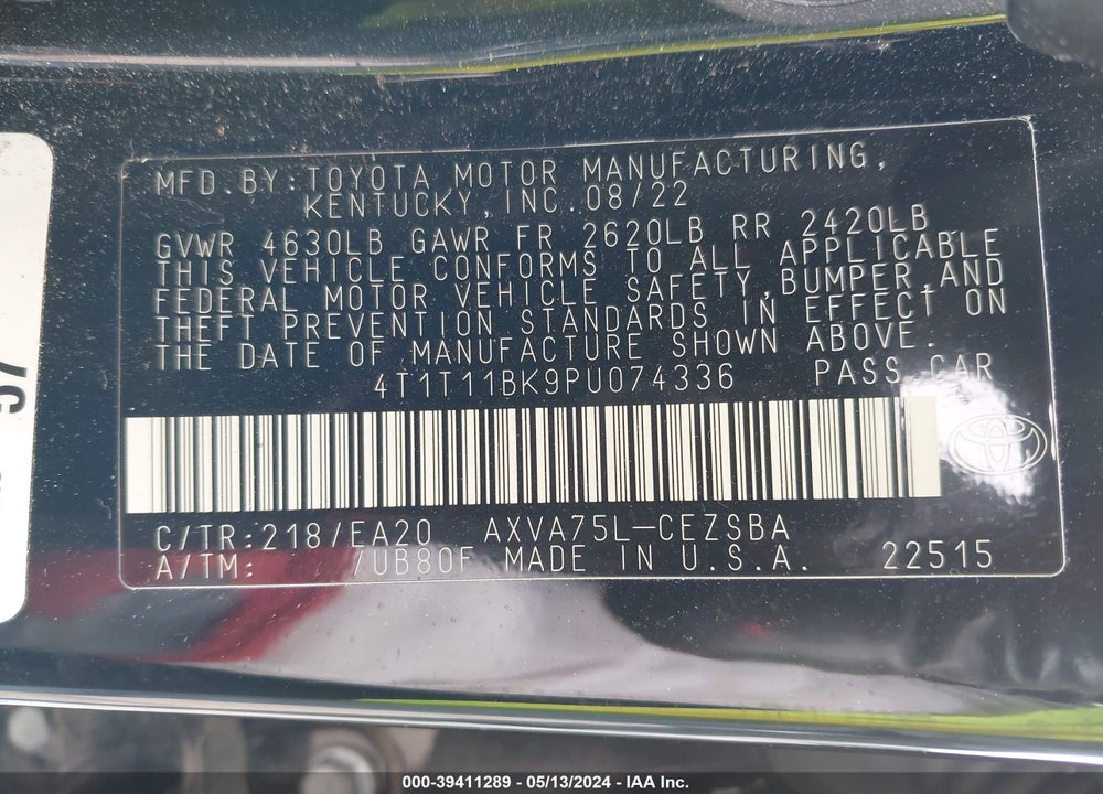 2023 TOYOTA CAMRY SE AWD VIN: 4T1T11BK9PU074336