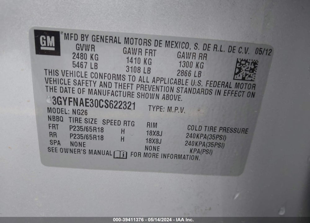 2012 CADILLAC SRX LUXURY COLLECTION VIN: 3GYFNAE30CS622321