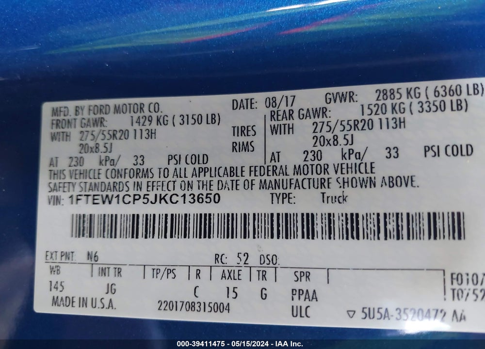 2018 FORD F-150 XL VIN: 1FTEW1CP5JKC13650