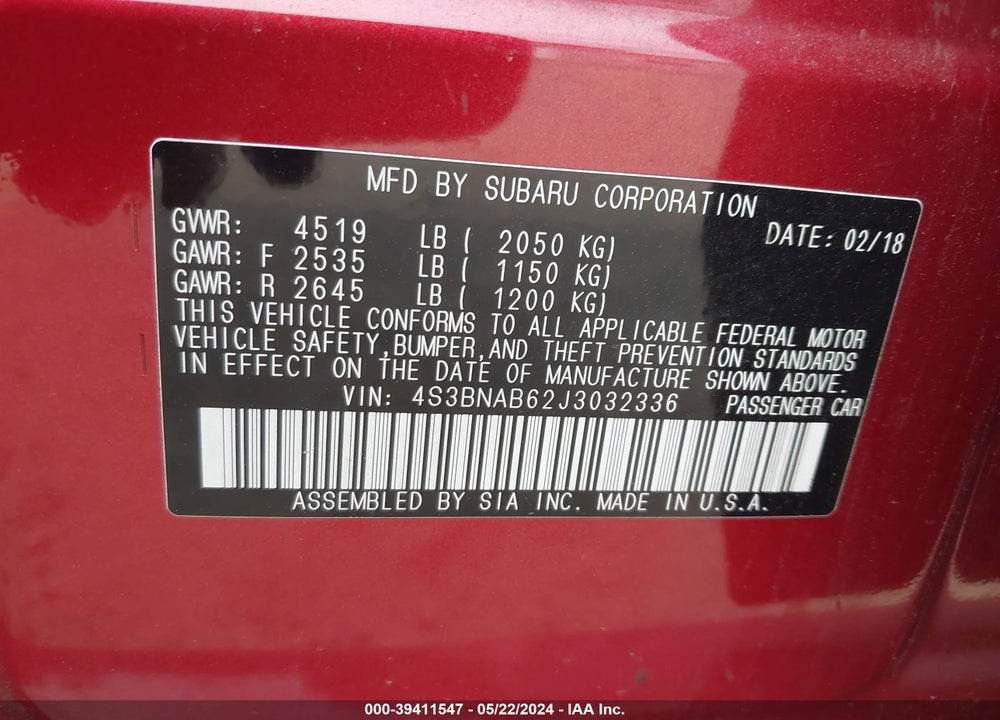 2018 SUBARU LEGACY 2.5I VIN: 4S3BNAB62J3032336