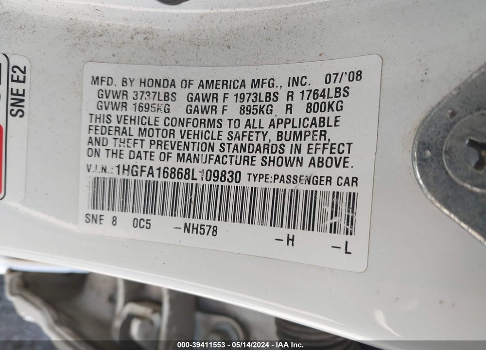 2008 HONDA CIVIC EX VIN: 1HGFA16868L109830