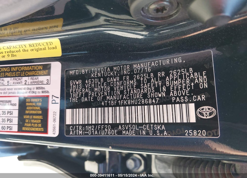 2017 TOYOTA CAMRY SE VIN: 4T1BF1FK8HU286847