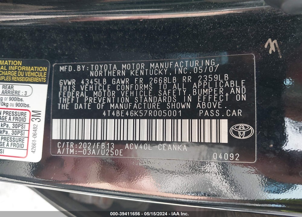 2007 TOYOTA CAMRY LE VIN: 4T4BE46K57R005001