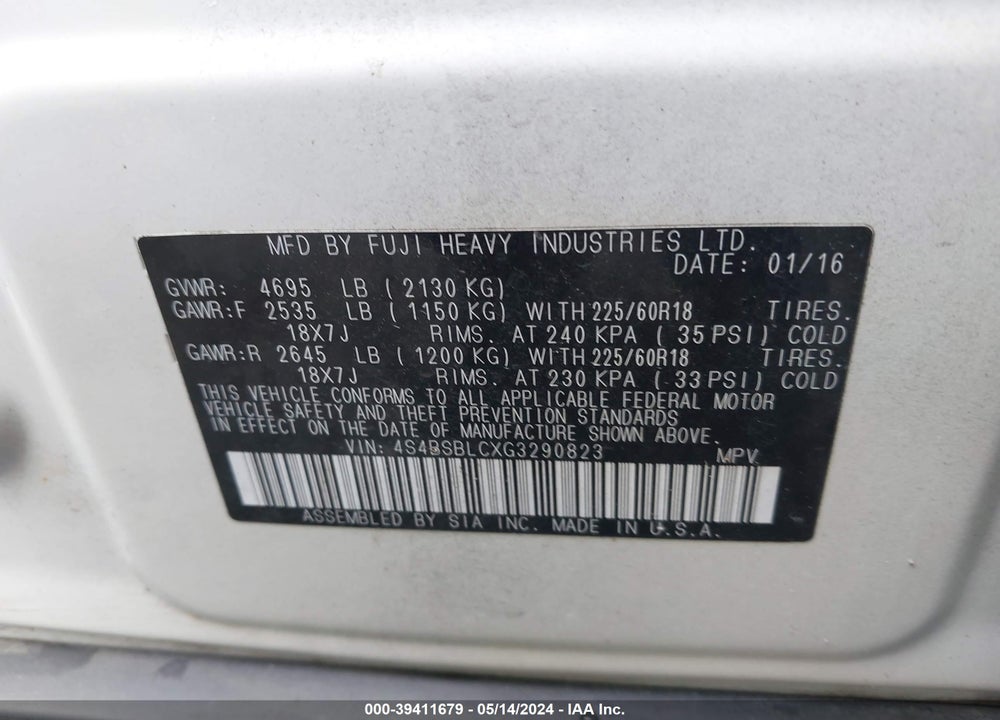 2016 SUBARU OUTBACK 2.5I LIMITED VIN: 4S4BSBLCXG3290823