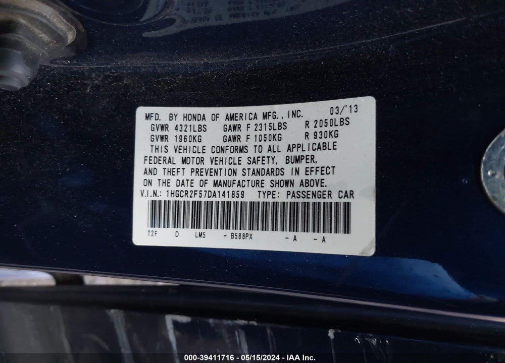 2013 HONDA ACCORD SPORT VIN: 1HGCR2F57DA141859