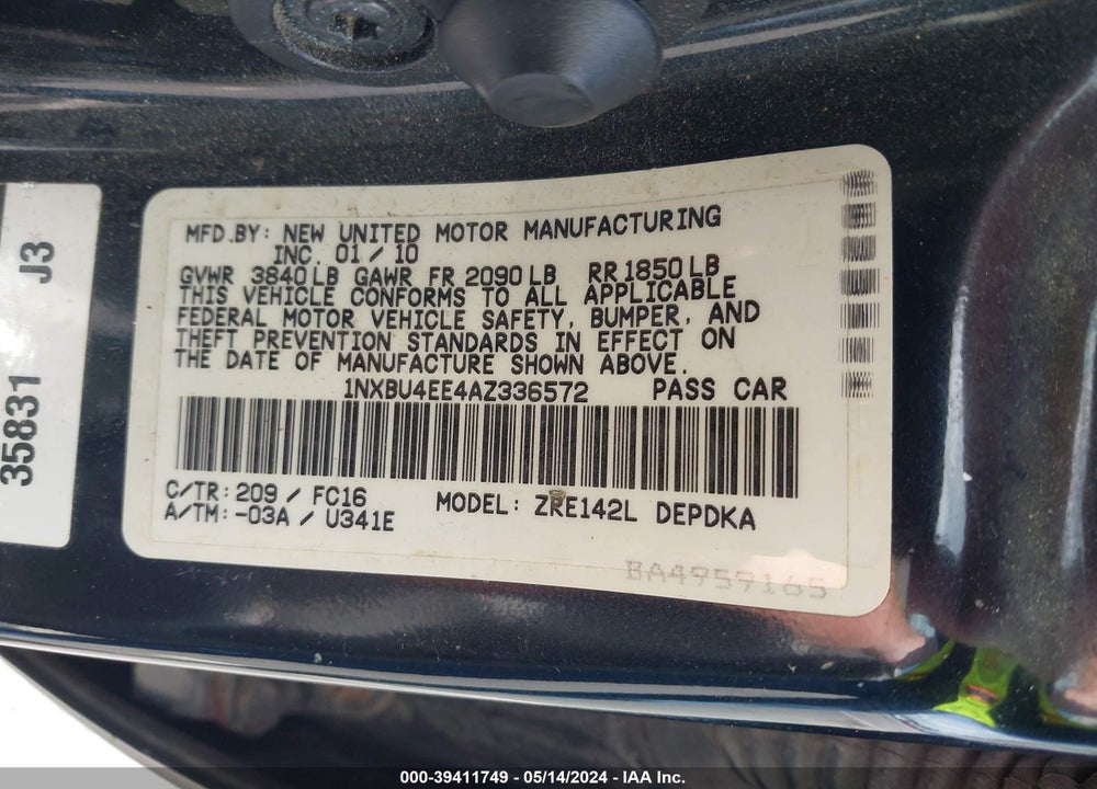 2010 TOYOTA COROLLA LE VIN: 1NXBU4EE4AZ336572