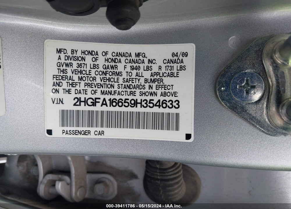 2009 HONDA CIVIC LX-S VIN: 2HGFA16659H354633