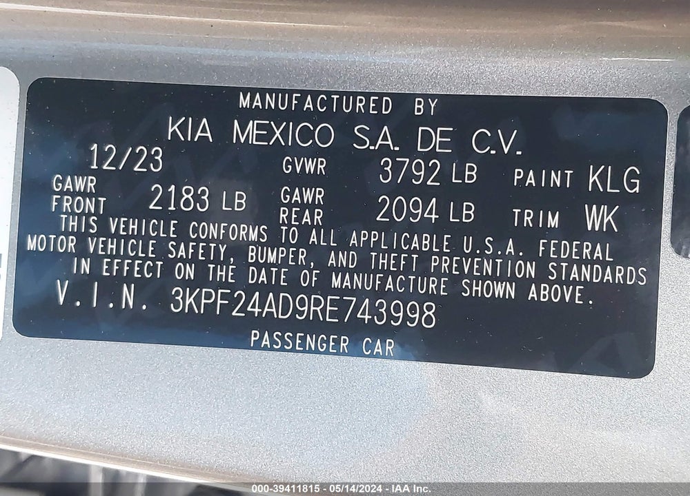 2024 KIA FORTE LXS VIN: 3KPF24AD9RE743998