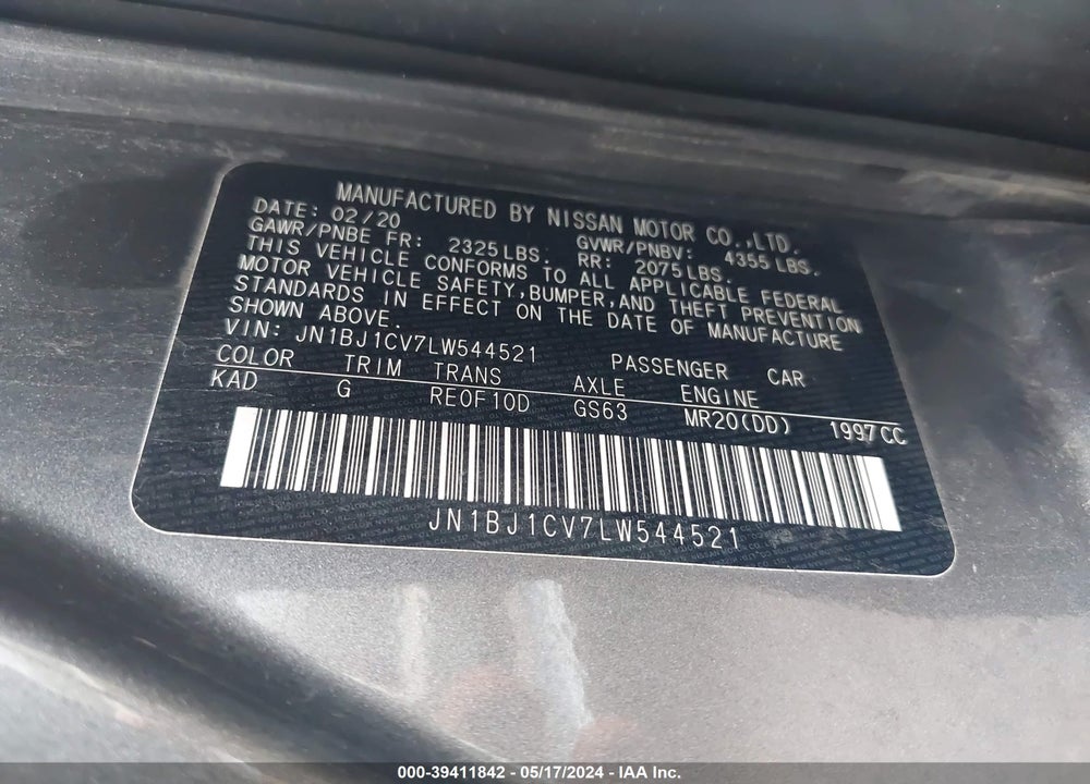 2020 NISSAN ROGUE SPORT S FWD XTRONIC CVT VIN: JN1BJ1CV7LW544521