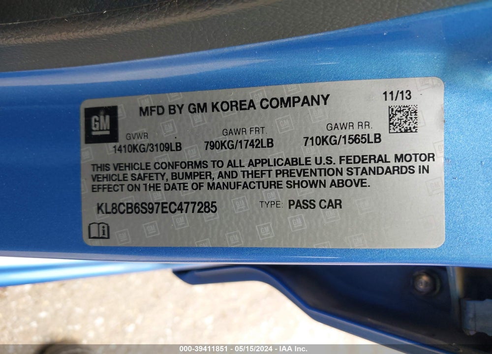 2014 CHEVROLET SPARK LS AUTO VIN: KL8CB6S97EC477285