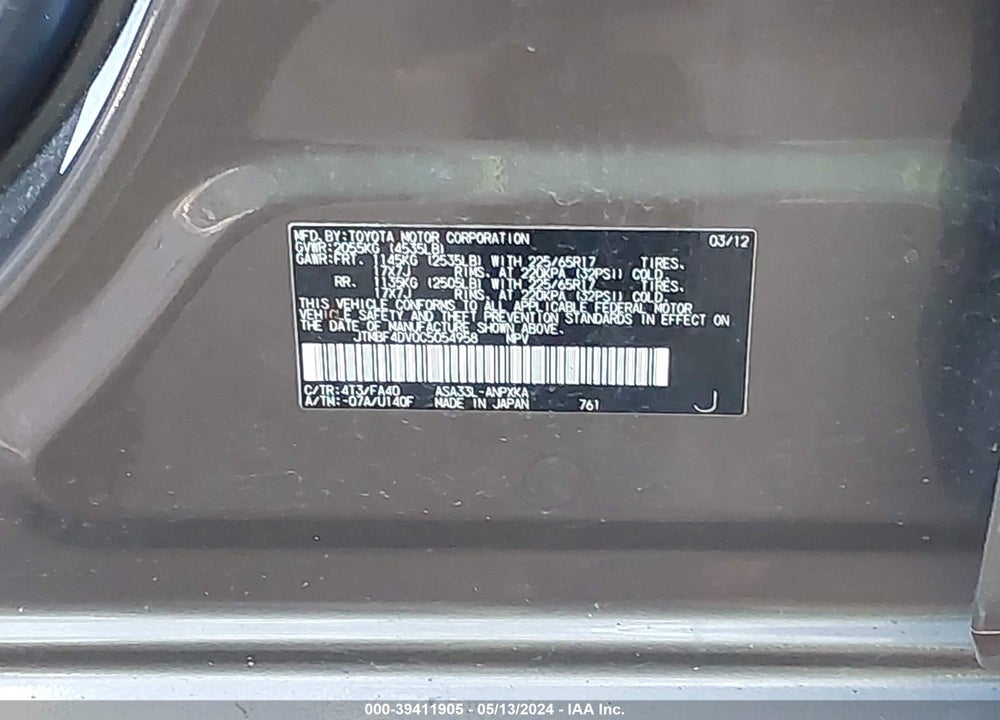 2012 TOYOTA RAV4 VIN: JTMBF4DV0C5054958