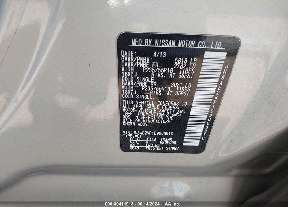 2013 NISSAN QUEST SL VIN: JN8AE2KP1D9068910