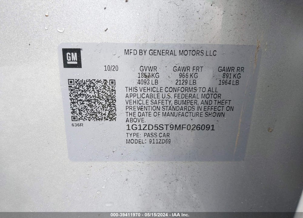 2021 CHEVROLET MALIBU FWD LT VIN: 1G1ZD5ST9MF026091