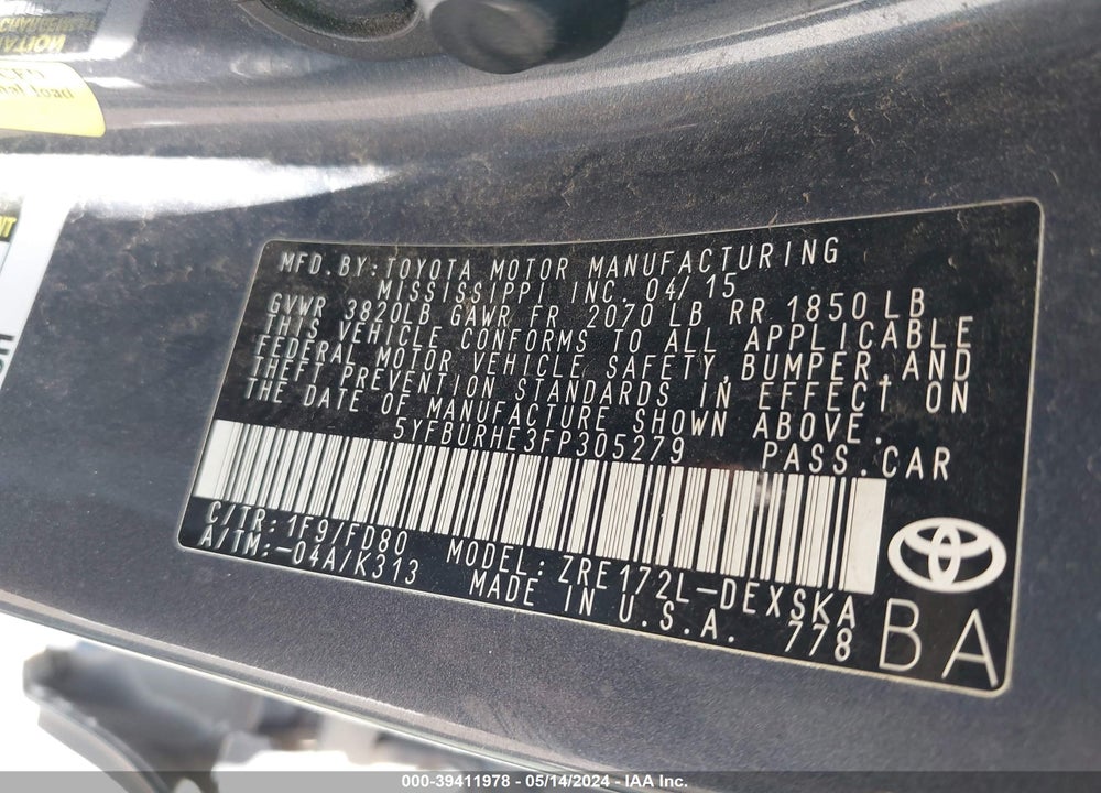 2015 TOYOTA COROLLA S PLUS VIN: 5YFBURHE3FP305279