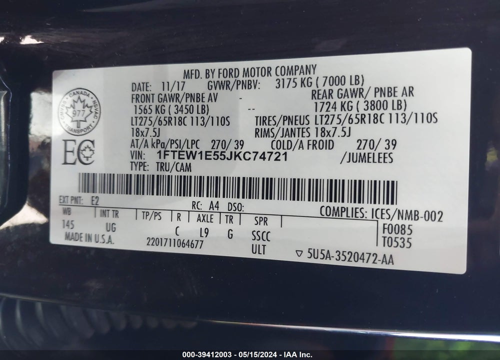 2018 FORD F-150 XLT VIN: 1FTEW1E55JKC74721