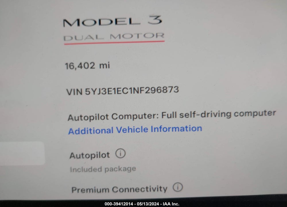 2022 TESLA MODEL 3 VIN: 5YJ3E1EC1NF296873