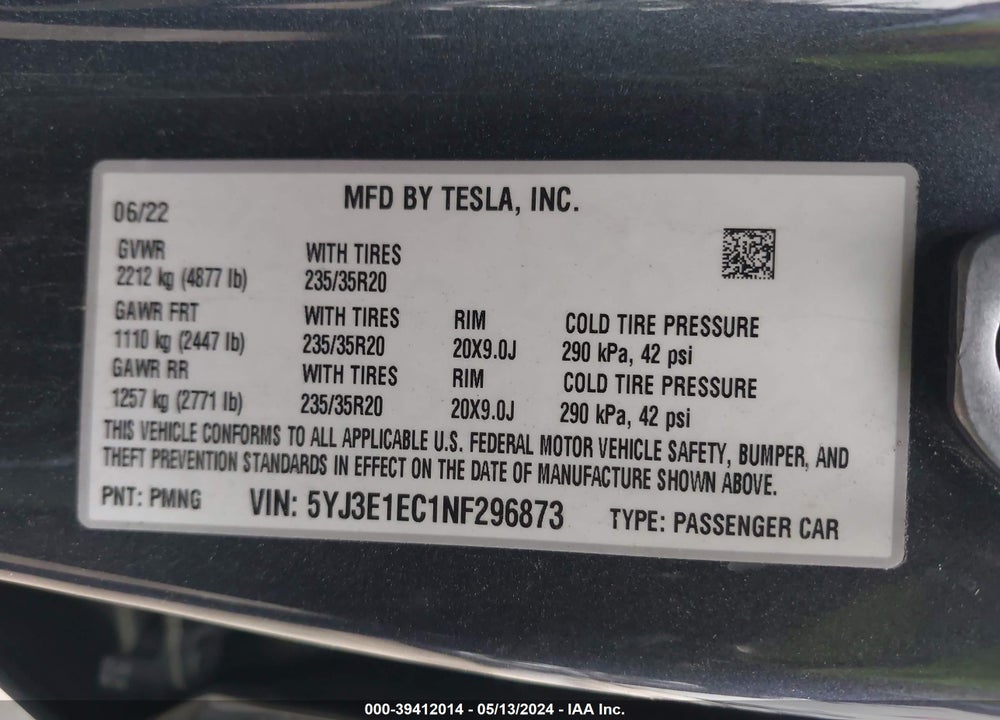 2022 TESLA MODEL 3 VIN: 5YJ3E1EC1NF296873