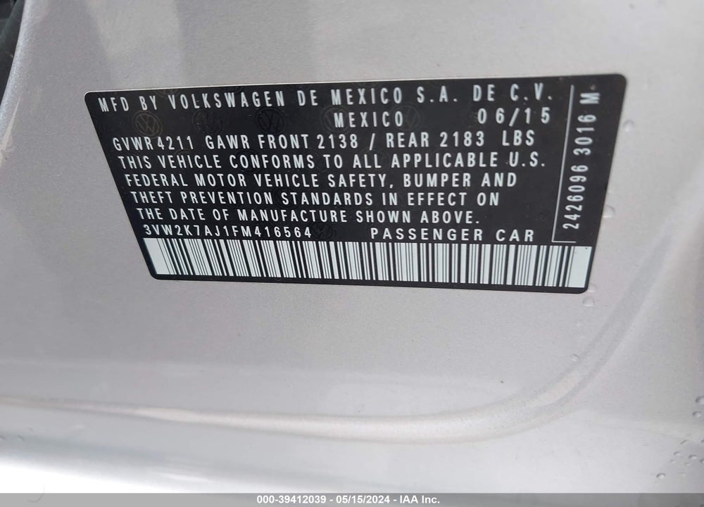 2015 VOLKSWAGEN JETTA 2.0L S VIN: 3VW2K7AJ1FM416564