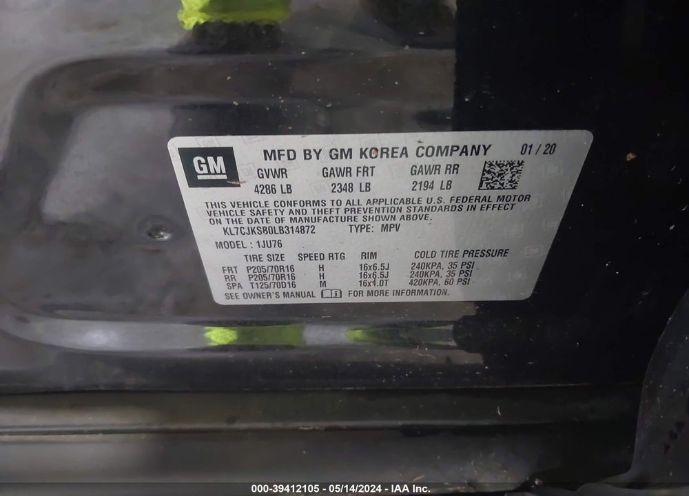 2020 CHEVROLET TRAX FWD LS VIN: KL7CJKSB0LB314872