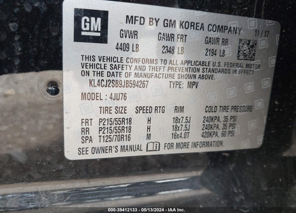 2018 BUICK ENCORE SPORT TOURING VIN: KL4CJ2SB9JB594267
