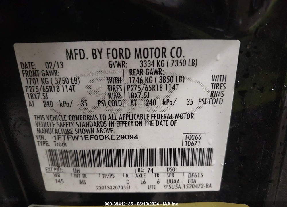 2013 FORD F-150 VIN: 1FTFW1EF0DKE29094