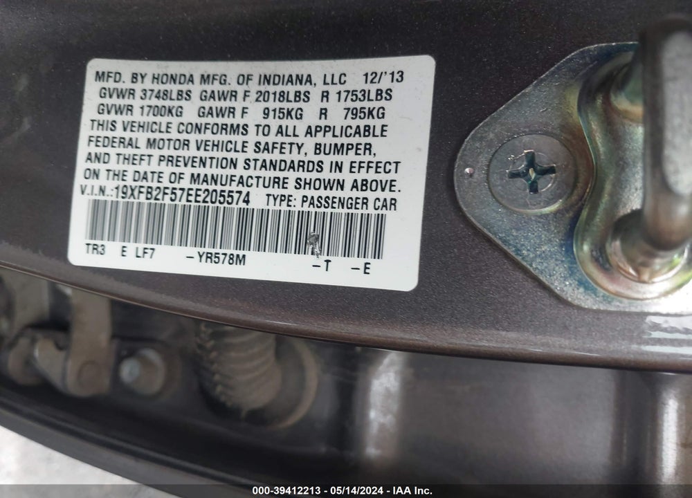 2014 HONDA CIVIC LX VIN: 19XFB2F57EE205574