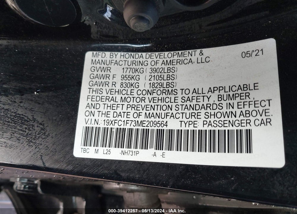 2021 HONDA CIVIC EX-L VIN: 19XFC1F73ME209564
