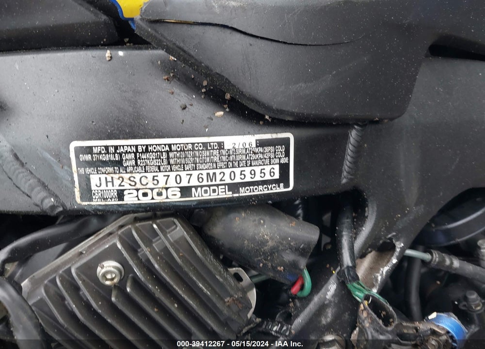 2006 HONDA CBR1000 RR VIN: JH2SC57076M205956