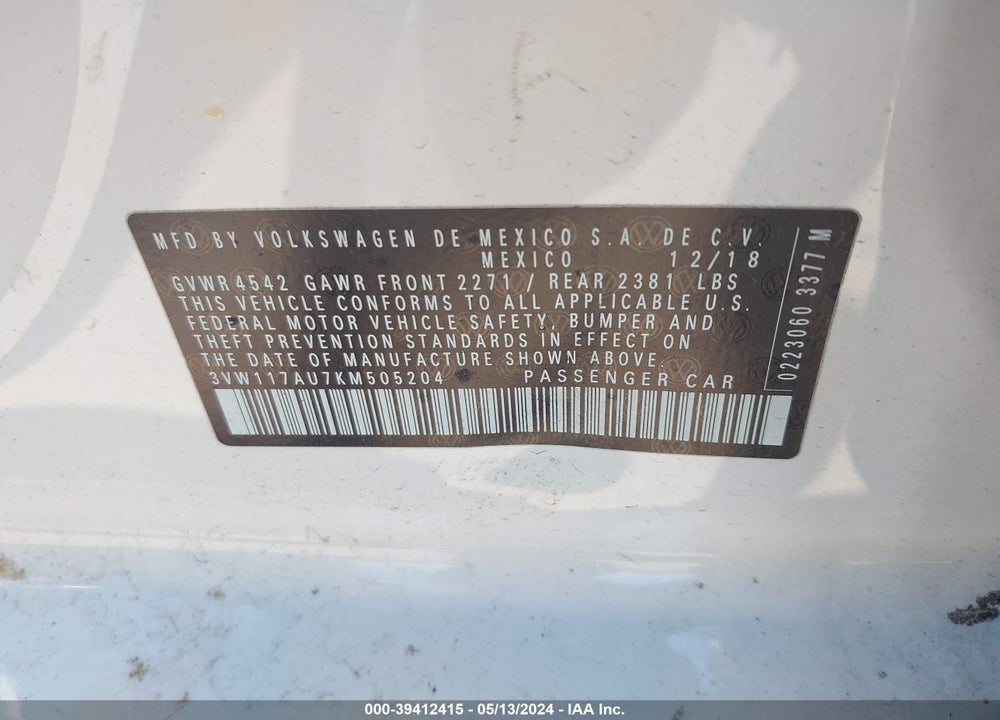 2019 VOLKSWAGEN GOLF SPORTWAGEN 1.8T S VIN: 3VW117AU7KM505204