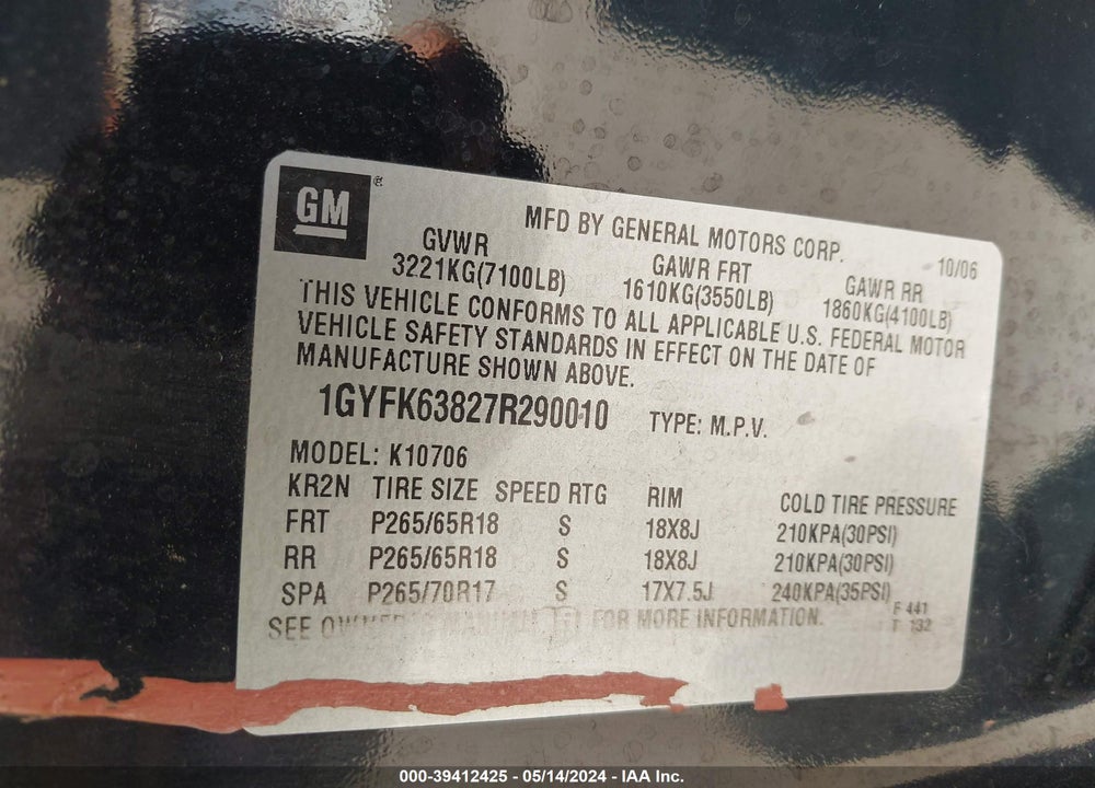 2007 CADILLAC ESCALADE STANDARD VIN: 1GYFK63827R290010