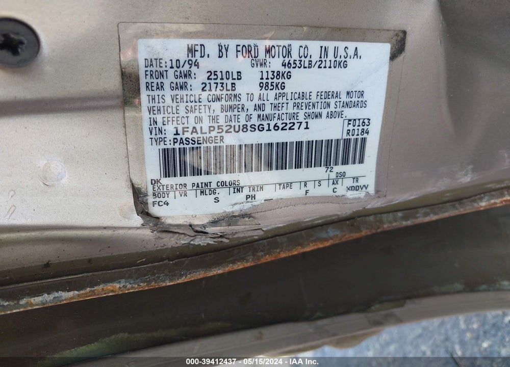 1995 FORD TAURUS GL/SE VIN: 1FALP52U8SG162271