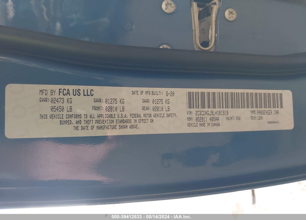 2020 DODGE CHARGER SCAT PACK RWD VIN: 2C3CDXGJ9LH181919