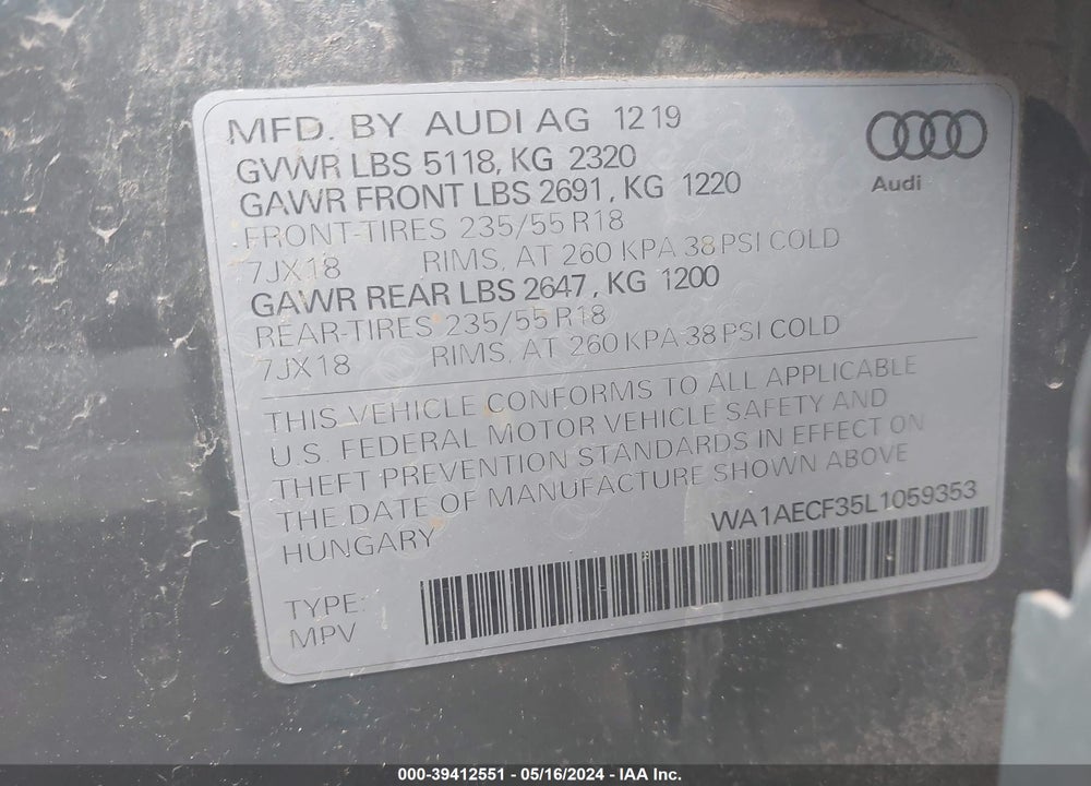 2020 AUDI Q3 PREMIUM 45 TFSI QUATTRO TIPTRONIC VIN: WA1AECF35L1059353