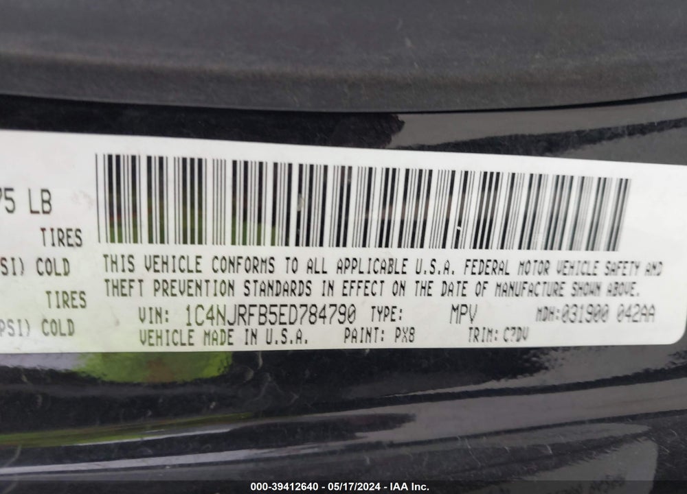 2014 JEEP PATRIOT LATITUDE VIN: 1C4NJRFB5ED784790