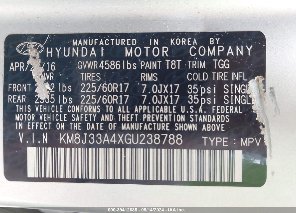 2016 HYUNDAI TUCSON SE VIN: KM8J33A4XGU238788