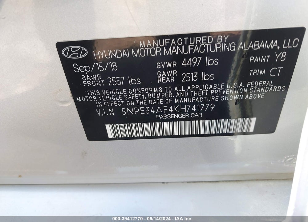 2019 HYUNDAI SONATA SPORT VIN: 5NPE34AF4KH741779