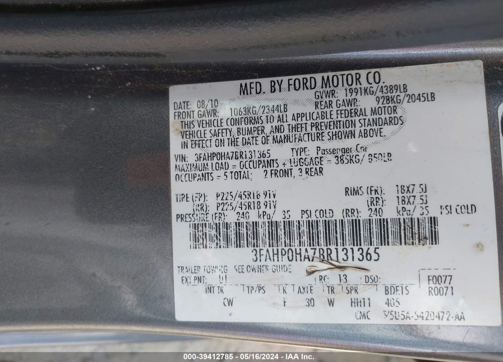 2011 FORD FUSION SE VIN: 3FAHP0HA7BR131365
