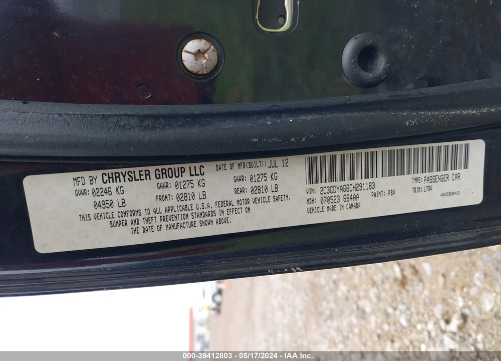 2012 DODGE CHALLENGER SXT VIN: 2C3CDYAG6CH291183