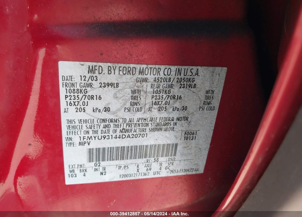 2004 FORD ESCAPE XLT VIN: 1FMYU93144DA20701