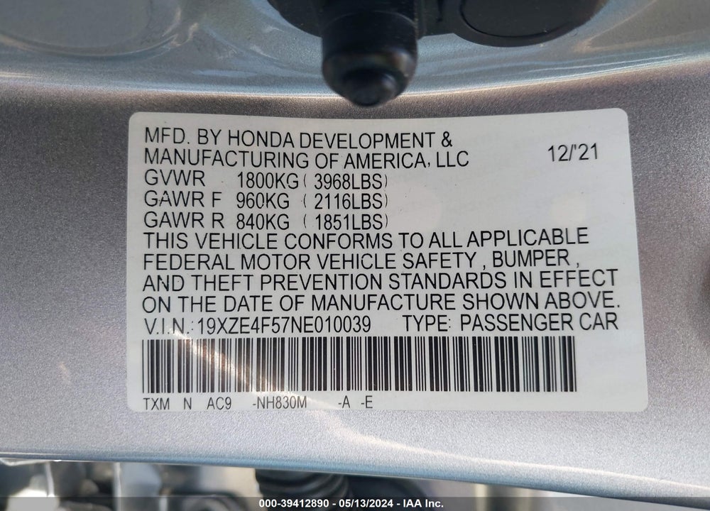 2022 HONDA INSIGHT EX VIN: 19XZE4F57NE010039