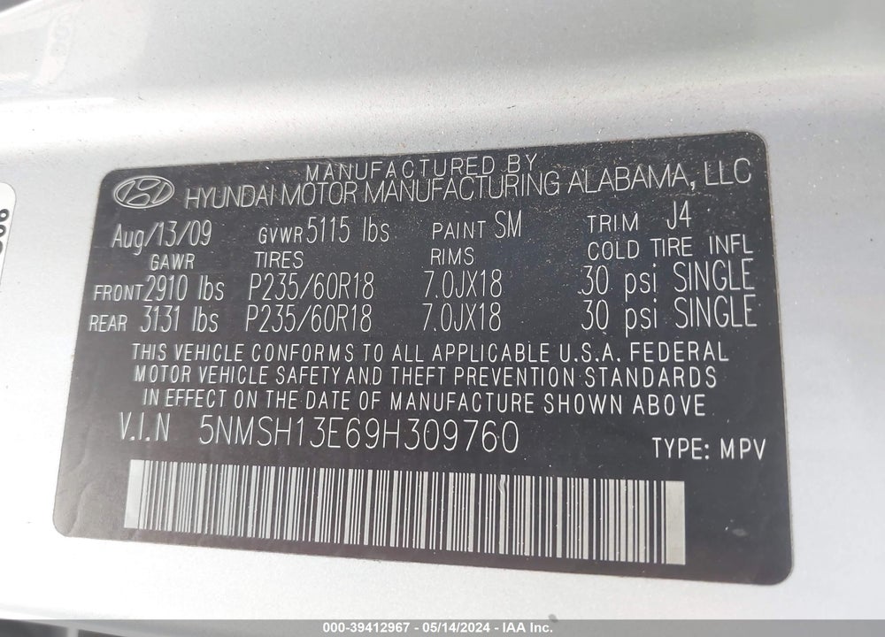 2009 HYUNDAI SANTA FE SE VIN: 5NMSH13E69H309760