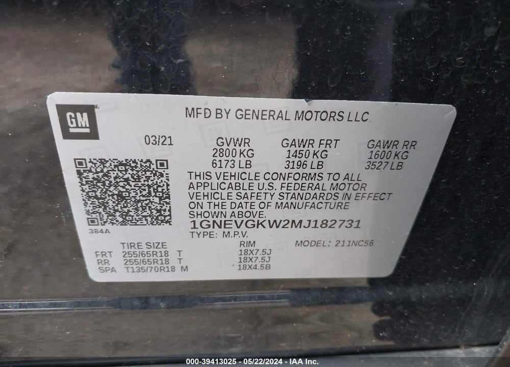2021 CHEVROLET TRAVERSE AWD LT CLOTH VIN: 1GNEVGKW2MJ182731