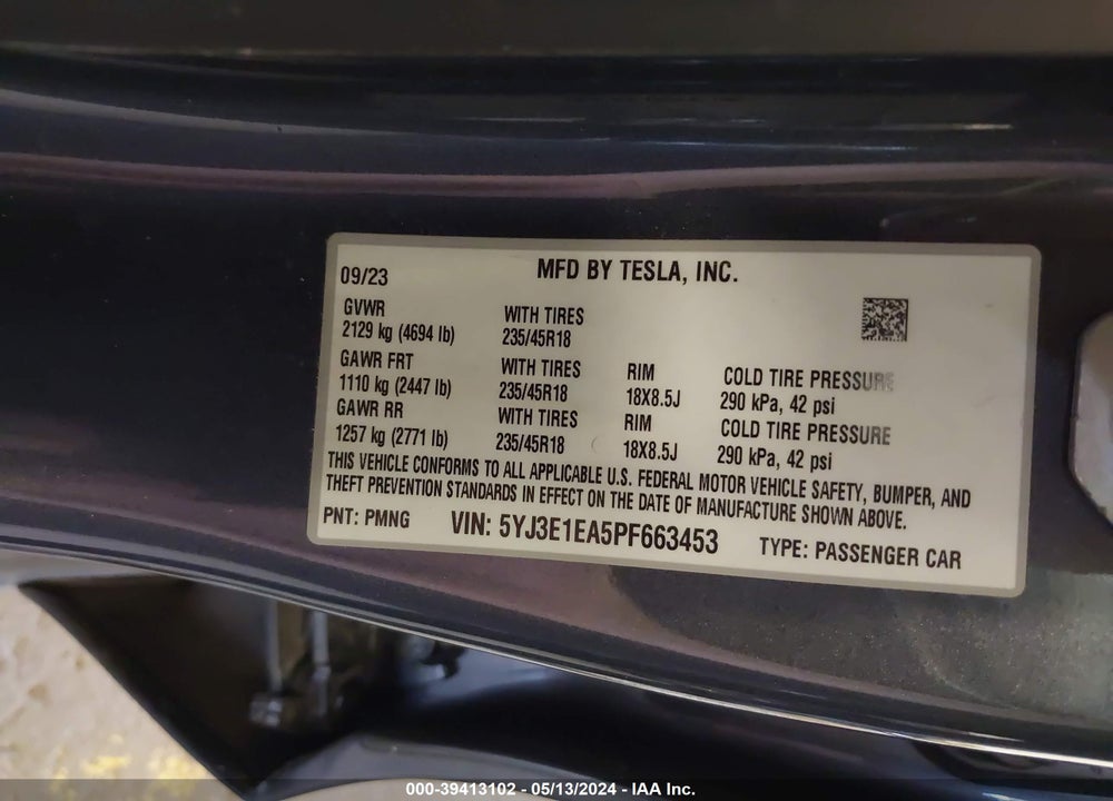 2023 TESLA MODEL 3 REAR-WHEEL DRIVE VIN: 5YJ3E1EA5PF663453