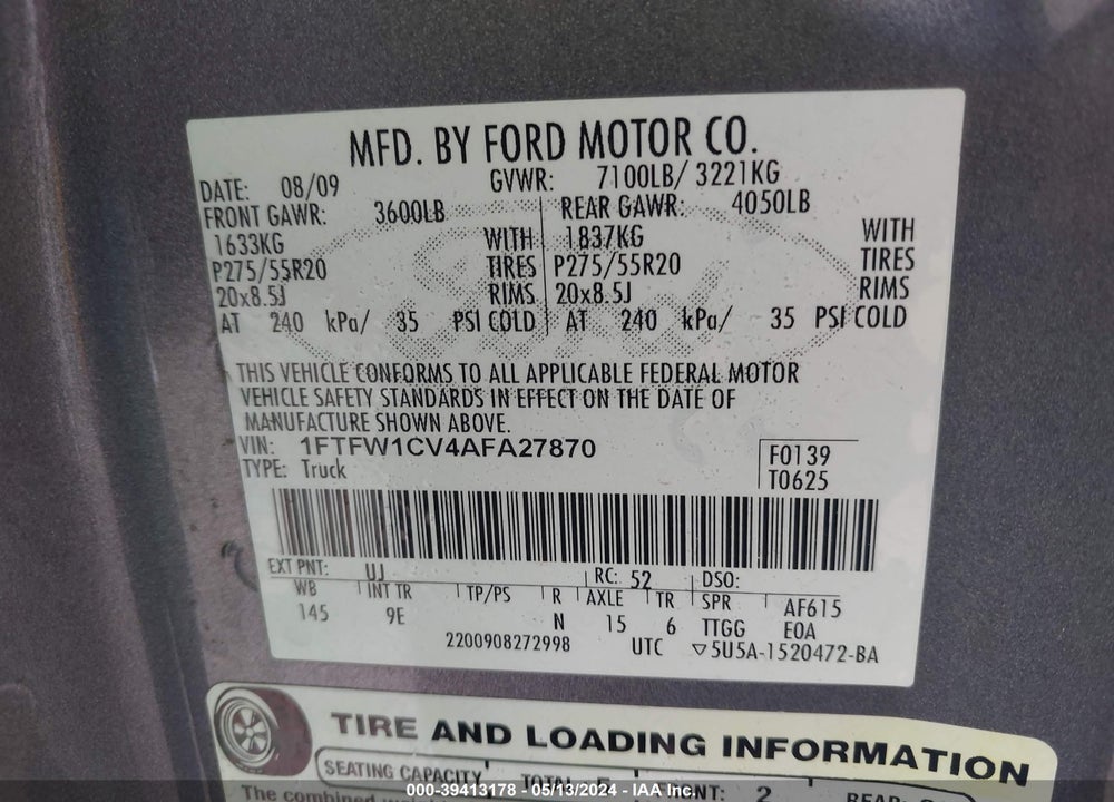 2010 HARLEY-DAVIDSON FORD F-150 FX2 SPORT//KING RANCH/LARIAT/PLATINUM/XL/XLT VIN: 1FTFW1CV4AFA27870
